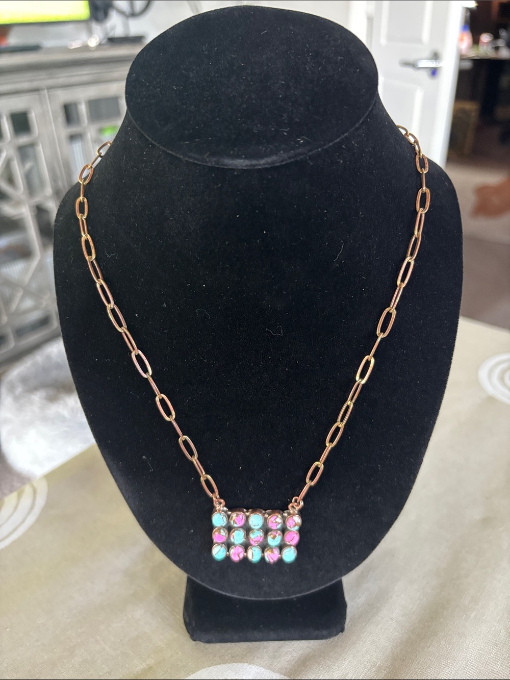 Multicolor Turquoise Pendant Necklace - Copper back/Chain